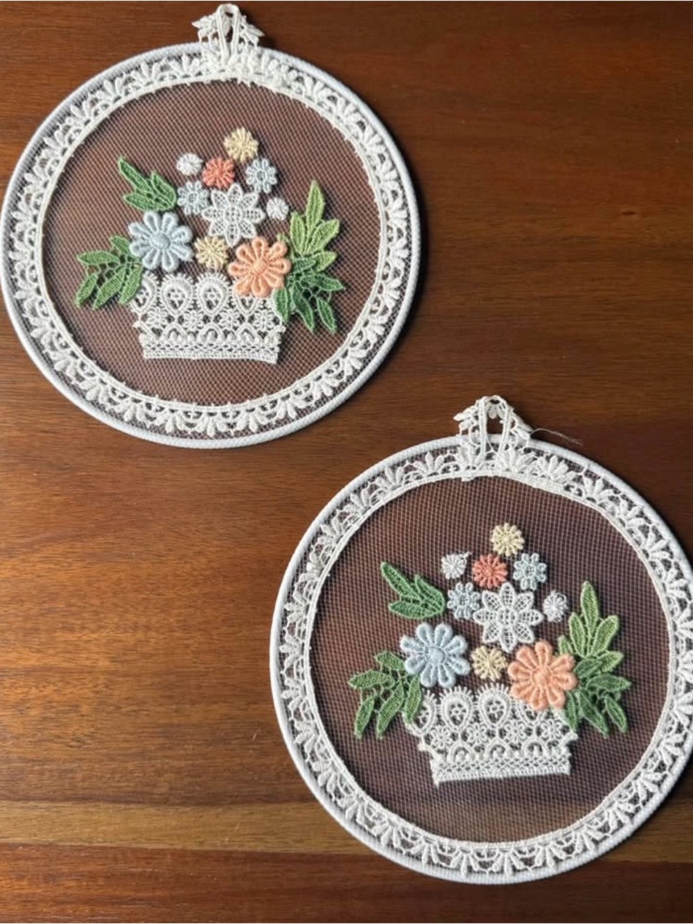 Vintage Floral Embroidered Lace Wall Hangings Pair Cottagecore Grandma Chic